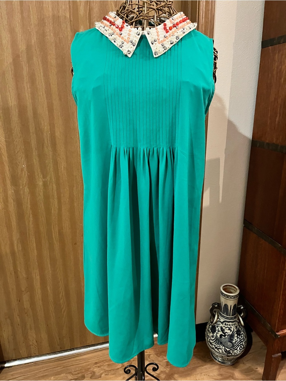 Gracia Teal Sleeveless Dress with Embellished Ivory Collar